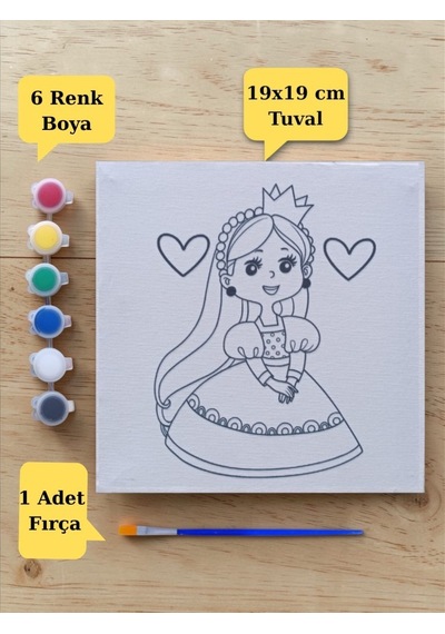 Tuval Boyama Sevimli Prenses Baskılı Aktivite Seti 19x19 Cm Tuval, Fırça Ve 6 Renk Akrilik Boya Seti