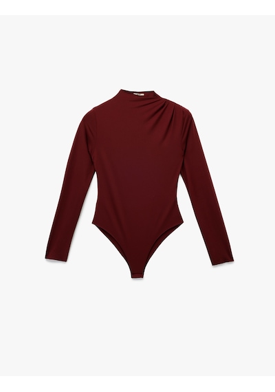 Koton Slim Fit Hafif Dik Yaka Drape Detaylı Uzun Kollu Bodysuit Bordo 6wak80083ek Bordo