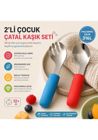 Valkyrie 2 Li Çocuk Çatal Kaşık Seti 316l Paslanmaz Çelik Ergonomik Saplı Bebek Kaşık Seti Mavi-turuncu Çok Renkli