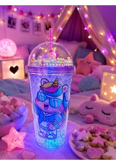 450 Ml Led Işıklı Pipetli İçecek Bardağı Boncuklu Sevimli Unicorn Tasarımlı Suluk Mavi 2646