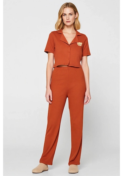 Benerly Kadın Gömlek Yaka Standart Kol Regular Kalıp Fitilli Örme Pijama Tarçın