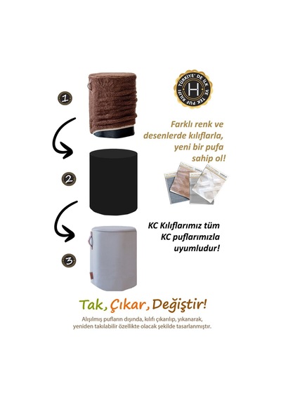 Yıkanabilir Puf Tabure Kılıfı Tak-Çıkar-Değiştir-Yenile Orta Sehpa Kılıfı Kc Teddy Siyah
