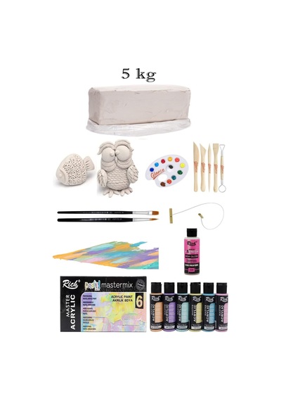 Vakumlu Çamuru Beyaz 5 Kg Rich Master Mix 60cc Akrilik 6'lı Pastel Renk Seramik Başlangıç Seti