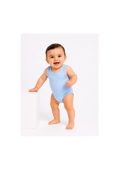 Bebek Atlet Body Pamuklu Ribanalı Çıtçıtlı Kolsuz Bebek Zıbını Mavi