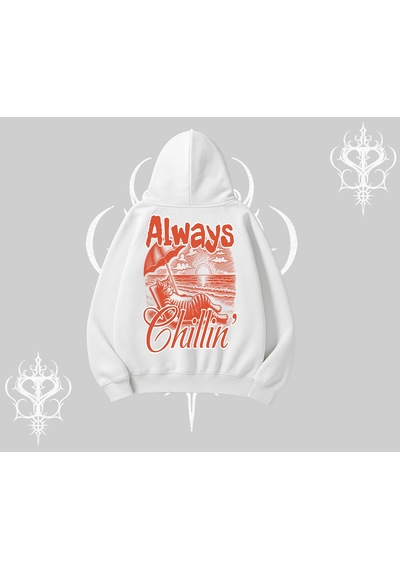 Always Chillin Kedi Arka Baskılı Kapşonlu Sweatshirt Beyaz