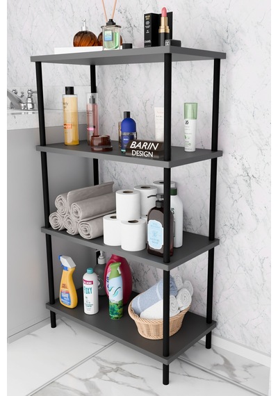 Çevir Kur Kolay Kurulum 4 Katlı Banyo Rafı Metal Gövdeli Çok Amaçlı Organizer Stand Banyo Dolabı Antrasit