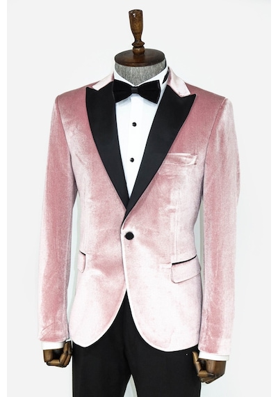 Wessi Kadife Slim Fit Tek Düğmeli Pembe Erkek Balo Ceket - Wessi Pembe
