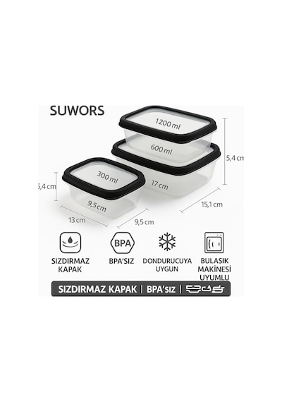 3'lü Sızdırmaz Saklama Kabı Seti 300ml + 600ml + 1200ml Şeffaf Plastik, Kapaklı, Buzdolabı, Yemek Ve Mutfak D Diğer