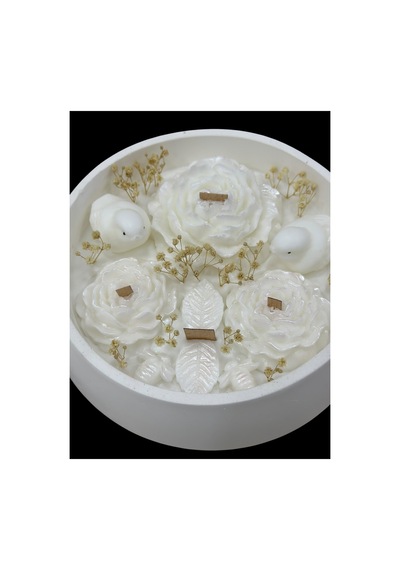 Beyaz Kasede Soya 19x5 Cm Kuş Şakayık Gül Arı Mum