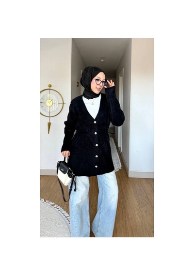 Nes Moda Kadın Düğme Detaylı Bel Büzgülü Angora Tesettür Triko Hırka Kazak Siyah Siyah