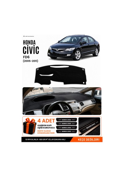 Honda Cıvıc Fd6 2005-2011 Uyumlu Torpido Örtüsü, Torpido Kılıfı - Siyah Gri