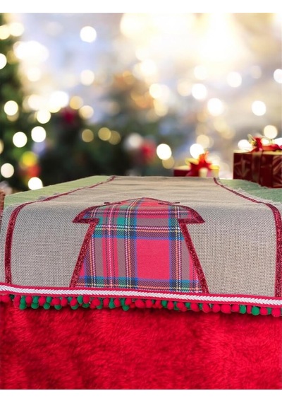Lexroo Noel Temalı Gri Keten Masa Örtüsü, Ekose Çam Ağacı Desenli, Ponponlu Kenar Süslemeli