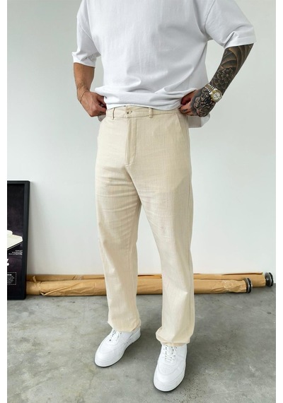 Krem Baggy Keten Pantolon