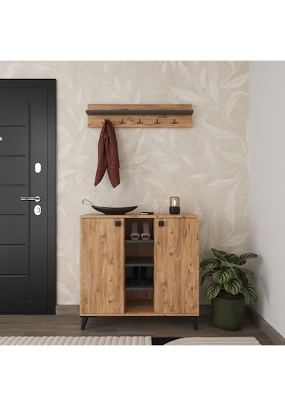 Albena 2 Kapaklı Ayakkabılık, Vestiyer, Portmanto, Askılık, 90 Cm , Atlantik Çam - Antrasit Atlantik Çam - Antrasit