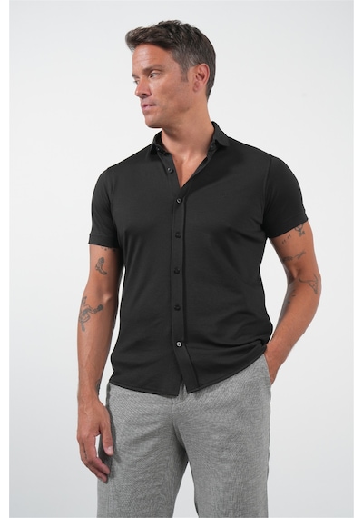 İmza Siyah İtalyan Yaka Kısa Kol Cepsiz Slim Fit Pamuklu Gömlek 1004260158