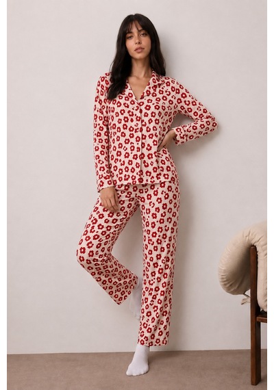 Fit Women Kadın Uzun Kollu Düğmeli Alt Üst Uyku Kırmızı Pijama Takımı