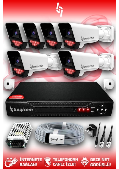 Bayicam 6 Kameralı Süper 6 Dış Kamera Set HDD'siz 5 MP 2K Net Gece Görüşlü Güvenlik Kamerası Sistemi