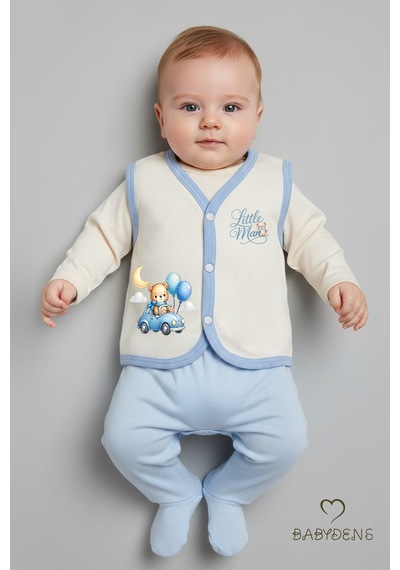Babyden's Erkek Bebek 3 Lü Jakarlı Yelek Set Çıtçıtlı Bebek Yeleği Ayıcık Baskılı,pamuklu,yenidoğan Yelek Seti Ekru - Mavi