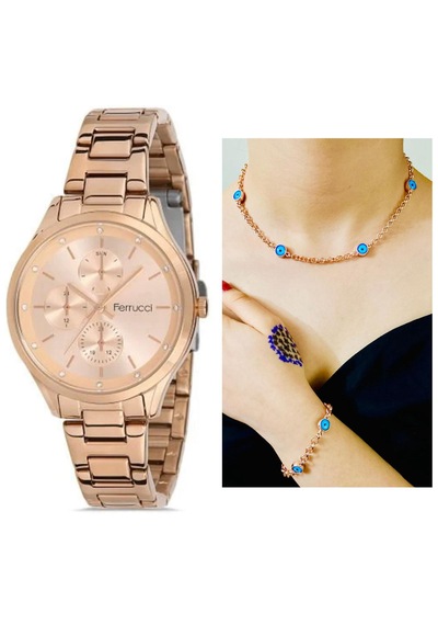 Ferrucci Fc.49156 Rosegold Çelik Kadın Kol Saat+nazarlıklı Set