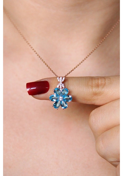 925 Ayar Gümüş Mavi Taşlı Rose Çiçek Kolye - 23167202 Rose Gold