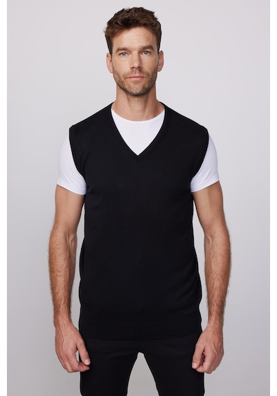 Tudors Slim Fit Dar Kesim V Yaka Kendinden Desenli Siyah Erkek Süveter-28636-siyah