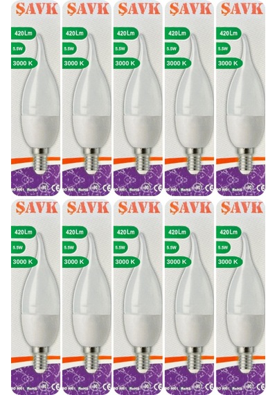 10 Adet Şavk 5,5w 37w Sarı Işık 3000k E14 Duylu İnce Duy Led Kıvrık Ampul