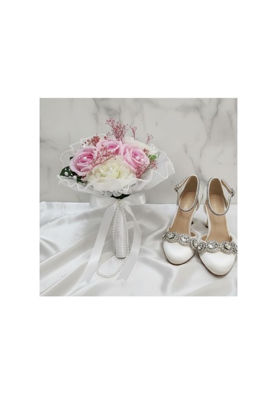 Pembe Beyaz Gelin Buketi İncili Tüllü Yapay Gül Şakayık Nikah Düğün Çiçeği El Buketi - 862522580 Diğer