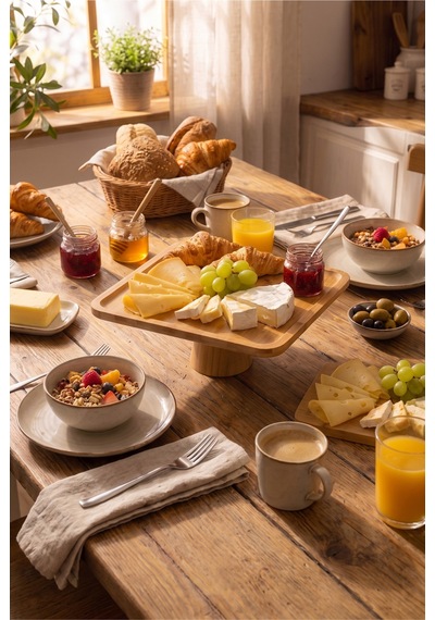 Ayaklı Kare Bambu Sunumluk 28x28 Cm Dekoratif Sunum Standı Pasta Standı Kahvaltılık Meyvelik Servis Tabağı Bej Bej
