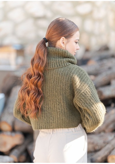 Balıkçı Yaka Örme Crop Kazak Haki