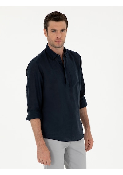 Cacharel Lacivert Slim Fit Yarım Düğmeli %100 Keten Gömlek