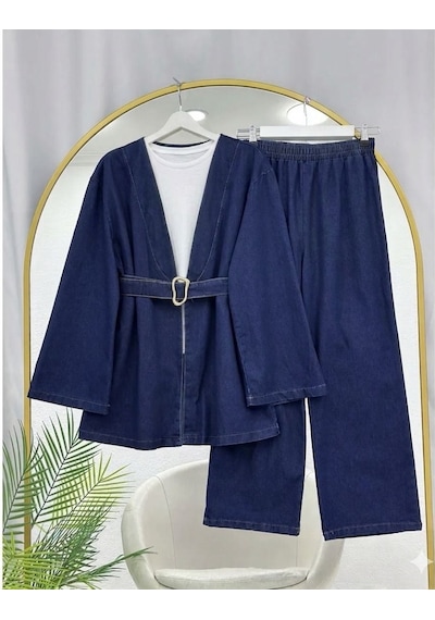 Lovie Moda Kadın Kemer Detaylı Kot Kimono Takım - Lacivert