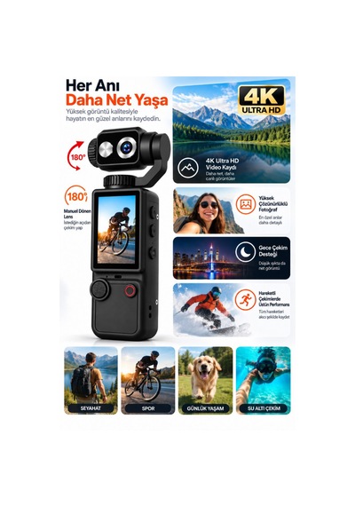 4k Ultra Hd Dijital Kamera 180 Dönen Lens Taşınabilir Video Fotoğraf Kamera 32gb Hafıza Kartı Hediyeli