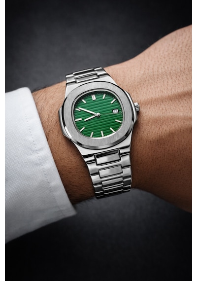 Patek Model Eşref Tek Saati Çelik Takvimli Yeşil - 830214920 Gümüş