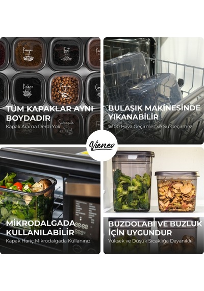 Vienev Beyaz Serigrafi Etiketli Peggy Kare Erzak Saklama Kabı 9x 0.55 L - 1.75 L Antrasit 18'li