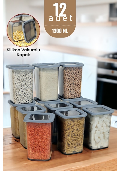 Silikon Kapaklı Erzak Bakliyat Saklama Kabı Kare Saklama Kutusu Seti 12 Adet 1300 ML