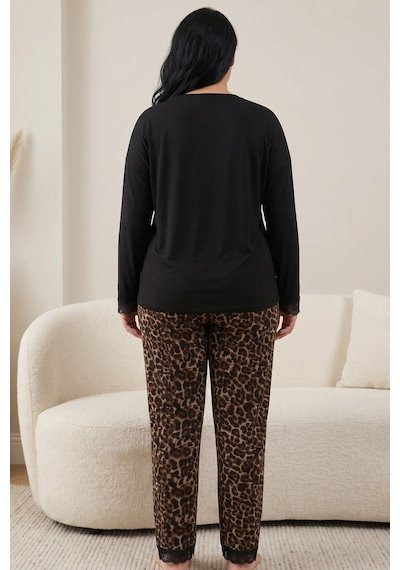 Siyah İnci Pamuklu Likralı Büyük Beden Battal Boy Örme Pijama Takım 26240932 Siyah