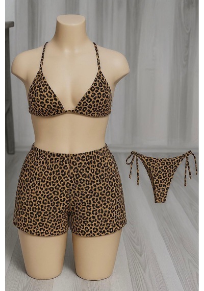 Veraura Lifestyle Kadın 3'lü Set Leopar Desenli Şortlu Ve Yandan Bağlamalı Bikini Mayo Takımı