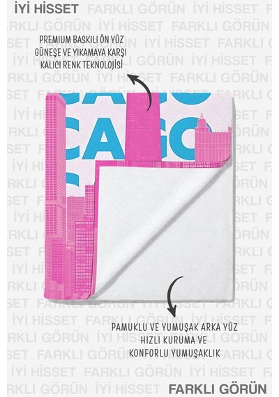 Şehir Temalı Yazı Tipografik Plaj Havlusu - Pembe Mavi Metropolitan Hızlı Kuruyan Mikrofiber Havlu Ayaz Kanyon