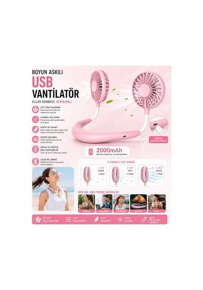 F3 Boyun Askılı Vantilatör Serinletici Fan Çift Fan Tasarımlı Boyunluk Vantilatör 3 Kademe Hız Ayarlı Şarjlı Mini Klima Pervane