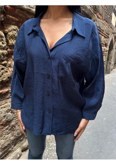 WeShaya Lacı Pamuk Polyester Cepli Gömlek Lacivert
