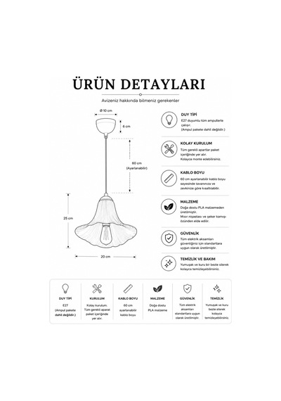 Zambak Tekli Sarkıt Avize Dekoratif Salon Avizesi Beyaz