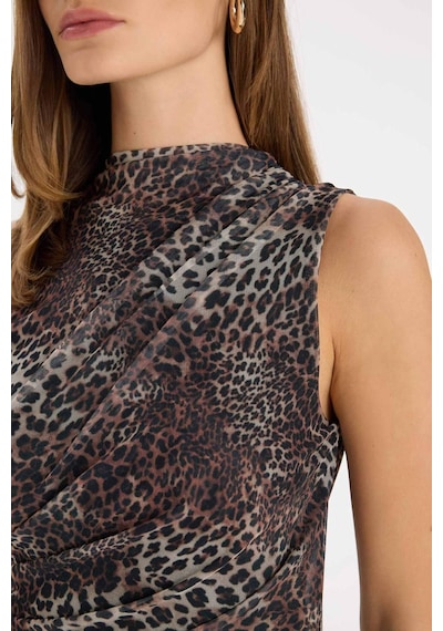 DeFacto Bodycon Vücuda Oturan Bisiklet Yaka Leopar Desenli Tül Kolsuz Maxi Elbise -  D5061AX24AUBN192