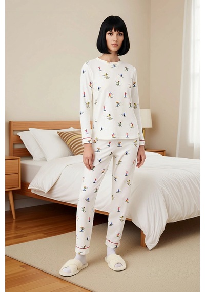 Benerly Kadın Bisiklet Yaka Uzun Kol Regular Kalıp Waffle Örme Pijama Tak Beyaz