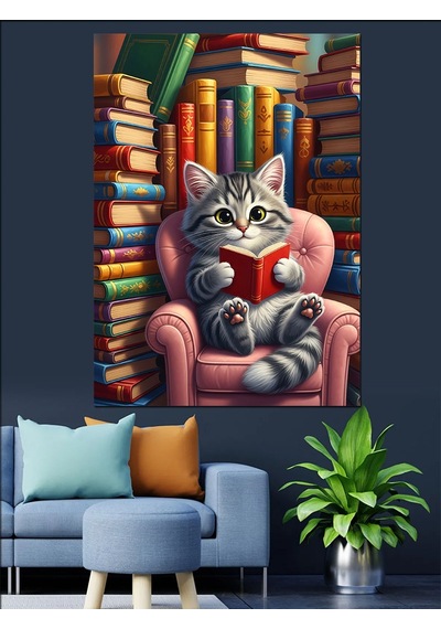 Ahşap Tablo Kütüphanede Kitap Okuyan Kedi