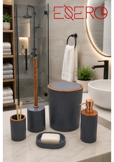 351 Gri 5 Parça Banyo Aksesuar Seti Çöp Kovası Sıvı Sabunluk Diş Fırçalık Sabunluk Wc Fırçası Antrasit Ahşap Desenli