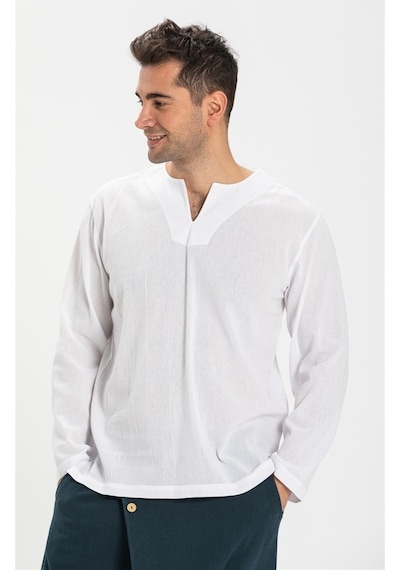 Uzun Kol Şile Bezi Bisiklet Yaka Erkek Tshirt Beyaz 3001