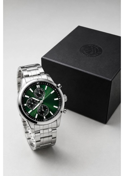 Erkek Gümüş Renk Metal Kordon Analog Kol Saati Takvim Göstergeli Yeşil Siyah Kadran - Gümüş Çok Renkli 61344954