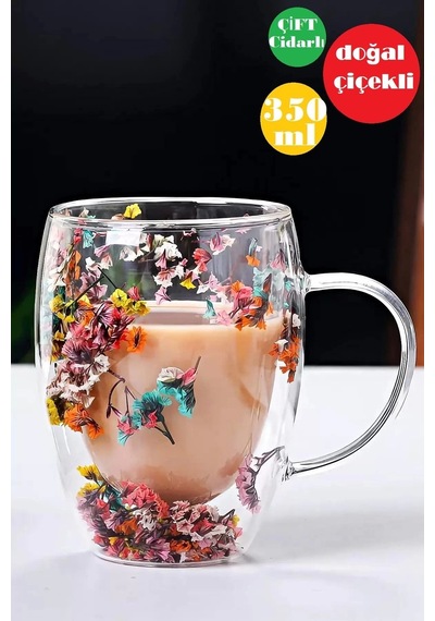 Çift Cidarlı Çiçekli Bardak Kahve Çay Bardağı Flower Cup 350mlel Yapımı Kulplu Cam Bardak