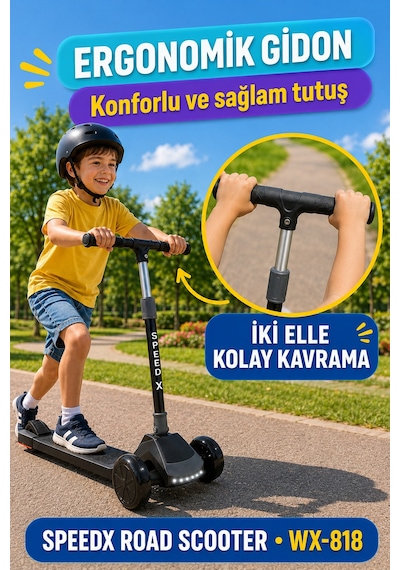 Antrasit Işıklı Müzikli Speedx Road Scooter Wx-818 3 Tekerlekli Çocuk Scooterı Geniş Dokulu Taban