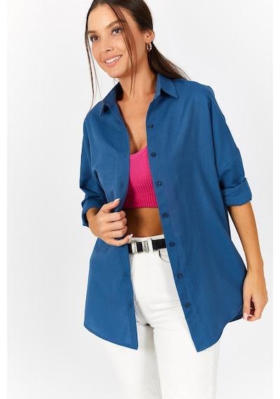 Armonika Kadın Lacivert Oversize Uzun Basic Gömlek Arm-22y001118